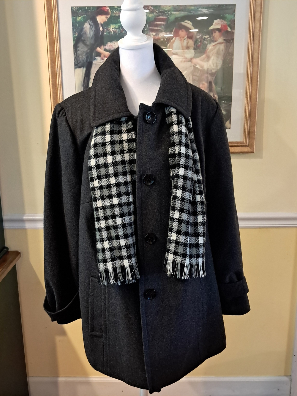 Centigrade Women's Charcoal Gray Button Front Wool Coat with Black & White Scarf